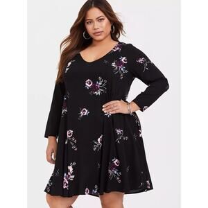 [Torrid] Black Floral Print Challis Trapeze Mini Dress V-Neck A-Line Size 4X